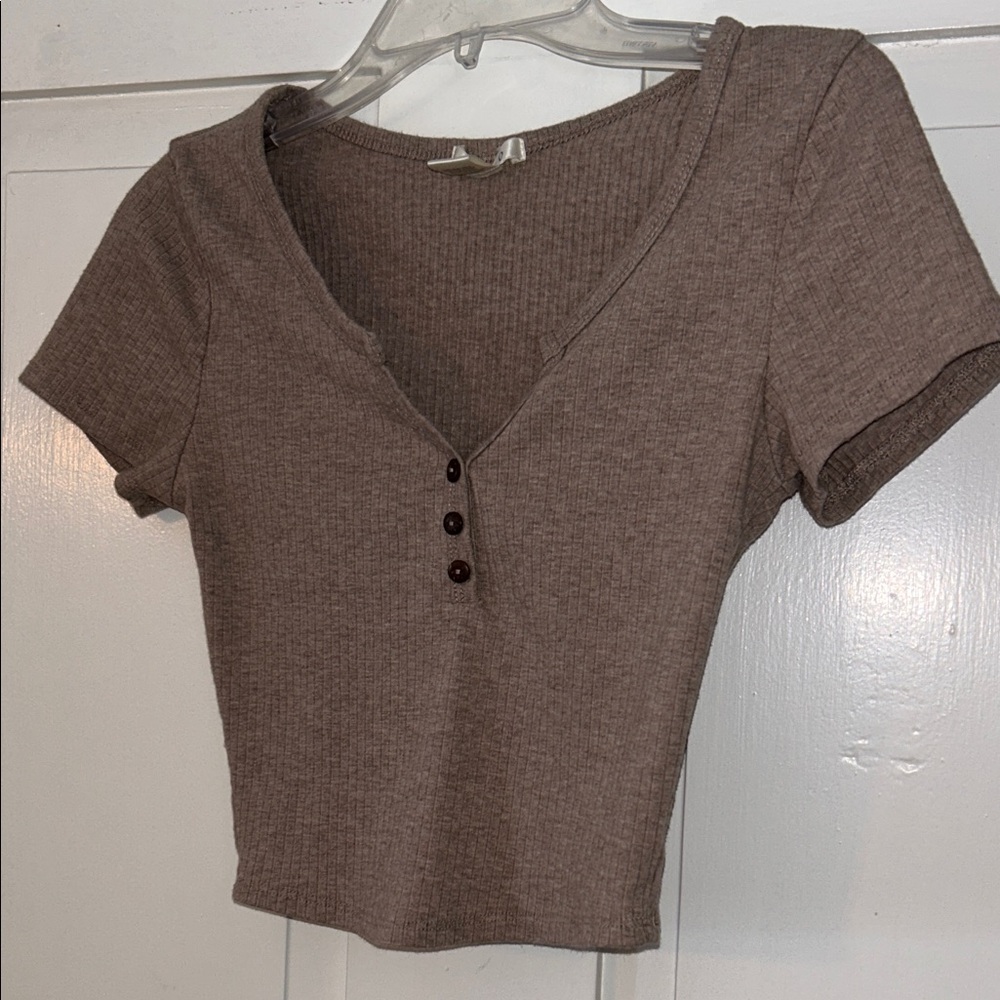 Bozzolo Womens Ribbed Crop Top Brown Small Fitted 3 Button Festival Concert - Picture 7 of 10